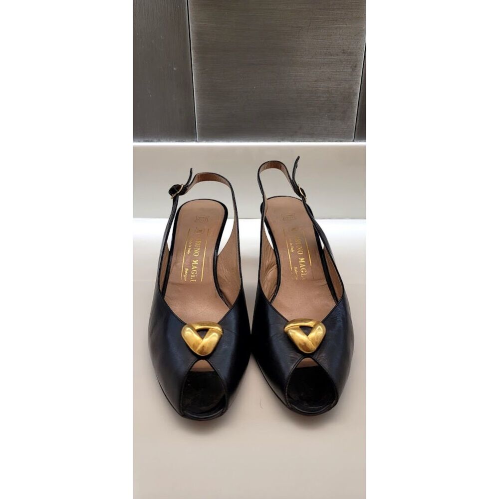 Bruno Magli Vintage Black Leather Peep Toe Slingback Heels 9.5AA Gold Italy Y2K